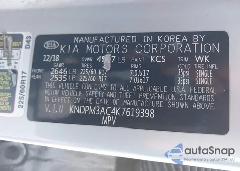 2019 Kia Sportage Lx z USA, uszkodzony, nr VIN KNDPM3AC4K7619398